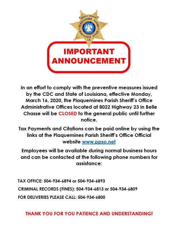 Notice of PPSO Administrative Office Closure