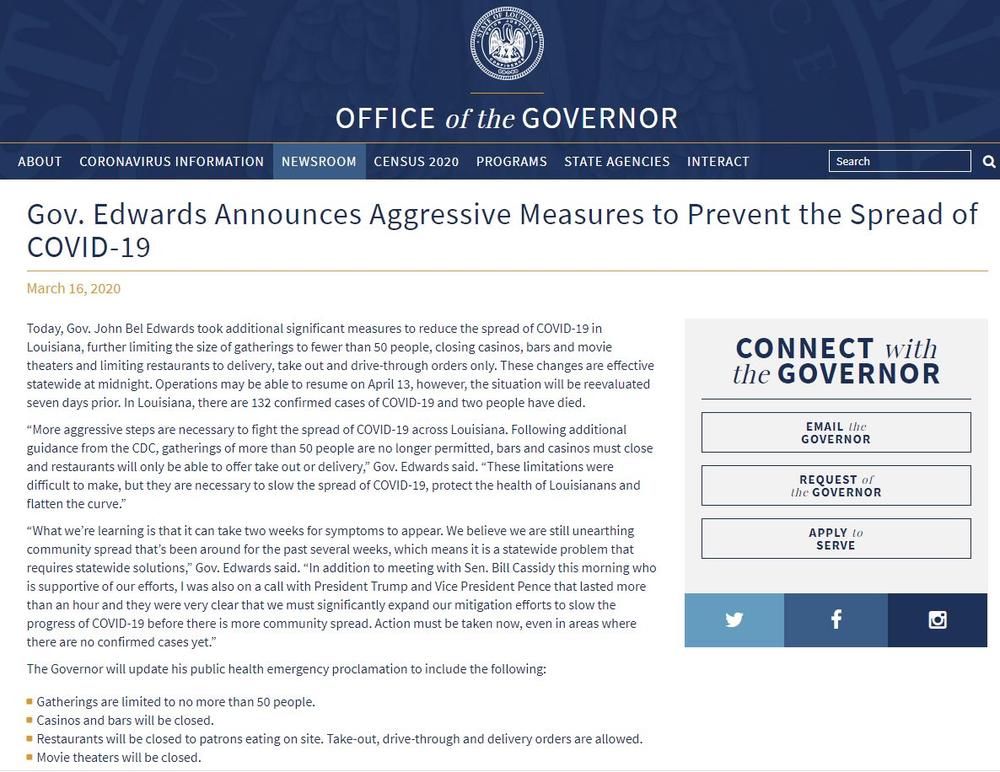Governor Edwards Release for Coronavirus 3-16